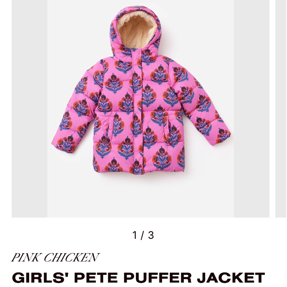 PINK CHICKEN- Girls Pete Puffer, Pink Bell Flower- Size 10